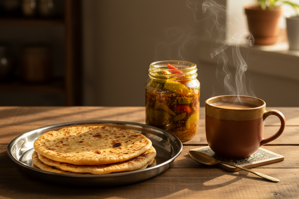 A cozy kitchen table scene — steel plate with parathas, achaar jar open, steam from chai — warm sunlight coming through a window. (This can even be slightly blurred with the logo and tagline over it.)