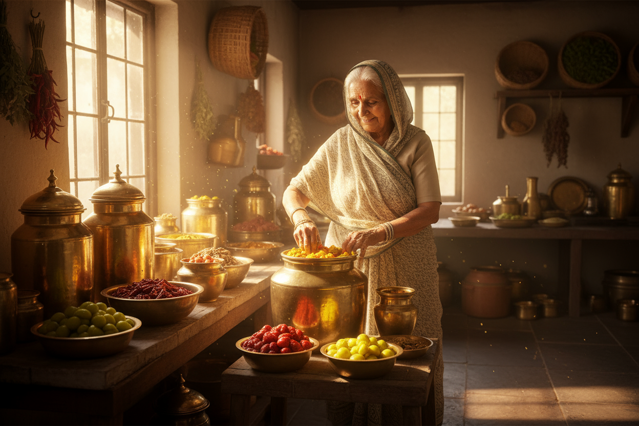 A warm kitchen background — brass jars, a cotton dupatta-clad “bebe” hand mixing pickles under sunlight.