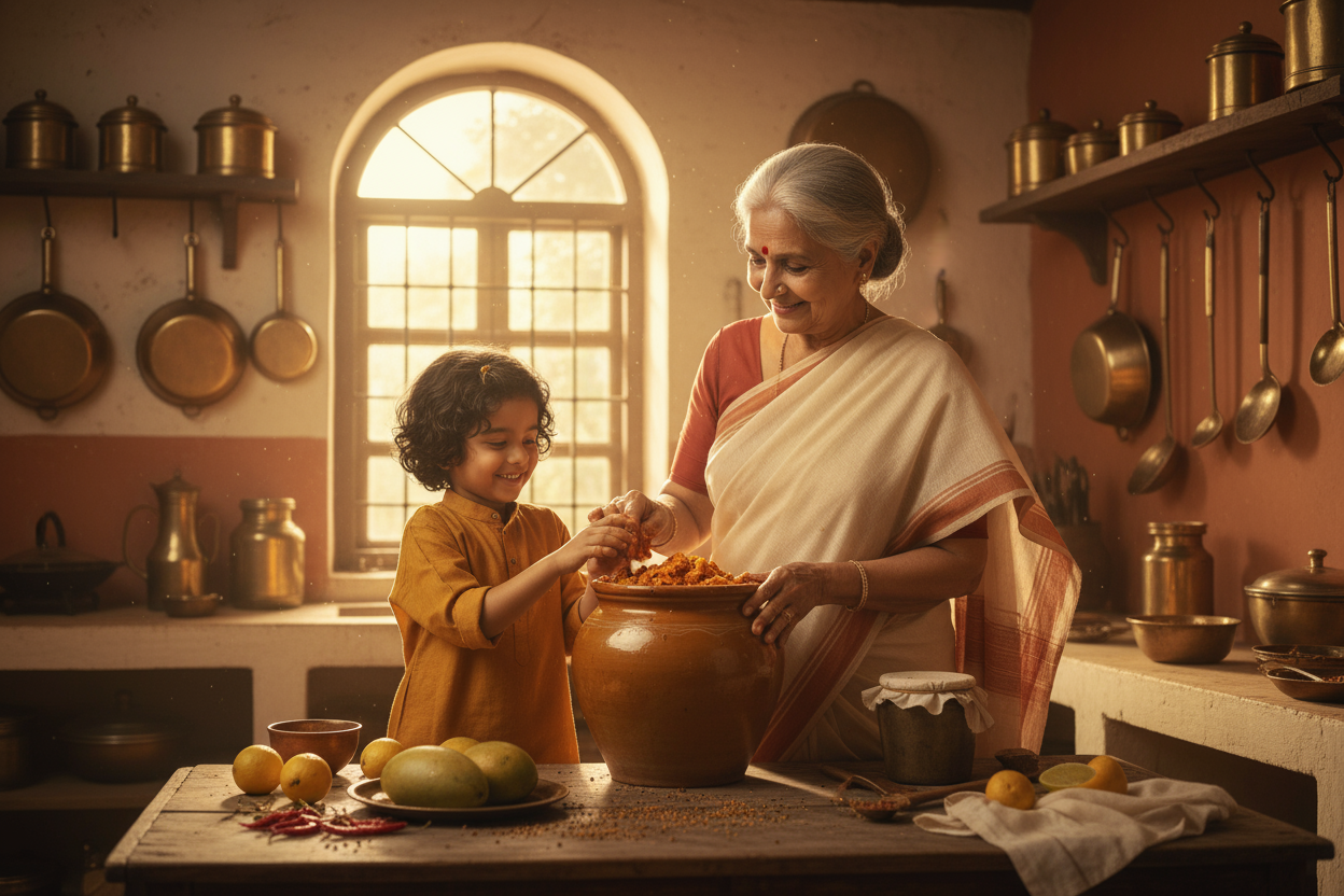 A warm, vintage-style kitchen — brass jars, a sunlit window, traditional utensils, and an elderly woman (Bebe) teaching her grandchild how to mix pickles in a large ceramic “martbaan.”

Mood:
Golden-hour sunlight, nostalgic tones (mustard yellow, terracotta, and cream).
Conveys heritage, love, and tradition being passed down.

Props:
Mangoes, lemons, red chillies, mustard seeds, wooden spoons, and white cloth covers for jars.